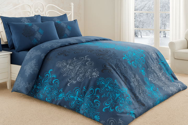 Elegant Istanbul quilt cover set with beige and brown damask embroidery on soft Turkish cotton—includes quilt cover, fitted sheet and two pillowcases; Oeko‑Tex certified, ethically made