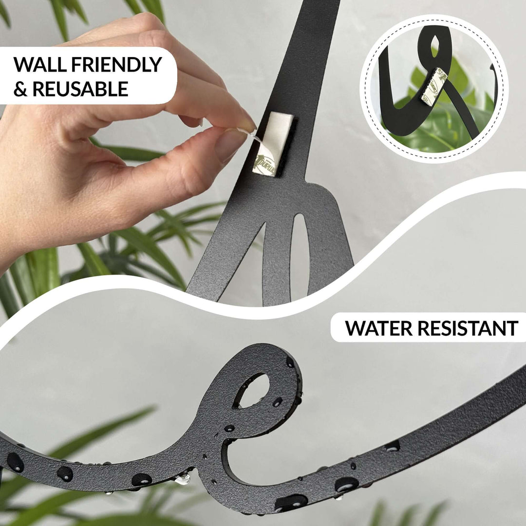 Matte black modern industrial New Home Starter Kit – five 2 mm steel wall signs (‘Welcome’, ‘Pantry’, ‘Laundry’, ‘Bathroom’, ‘Restroom’) with easy no‑drill adhesive installation for functional home décor