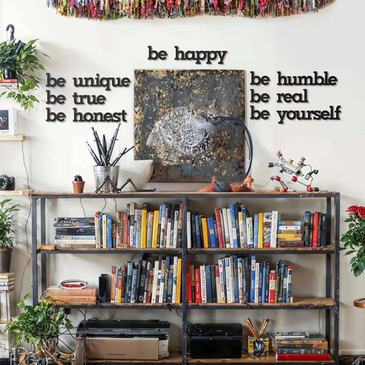 Matte black modern industrial metal wall art reading ‘Be Yourself – Be Real – Be Unique – Be Honest – Be Humble – Be Happy’ — seven 2 mm thick steel quote pieces, easy no‑drill adhesive installation, customizable floating layout for indoor or outdoor décor