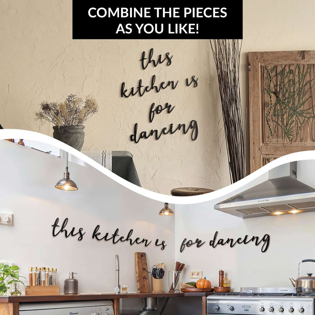 Matte black modern industrial metal wall art reading ‘This Kitchen Is For Dancing’ — five floating 2 mm thick steel pieces in playful script, easy no‑drill wall installation, customizable layout for kitchen décor