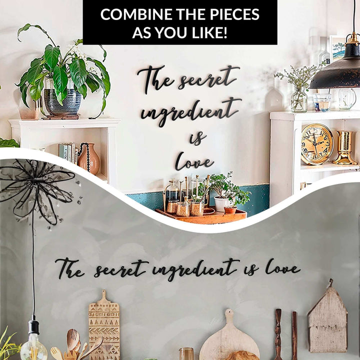 Matte black modern industrial metal wall art reading ‘The Secret Ingredient Is Love’—five 2 mm thick steel pieces, easy no‑drill adhesive installation, customizable layout for kitchen or outdoor décor