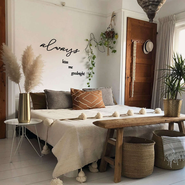 Matte black modern industrial metal wall art reading ‘Always Kiss Me Goodnight’ — four 2 mm thick steel pieces with easy no‑drill adhesive strips, customizable layout for romantic bedroom or indoor/outdoor décor