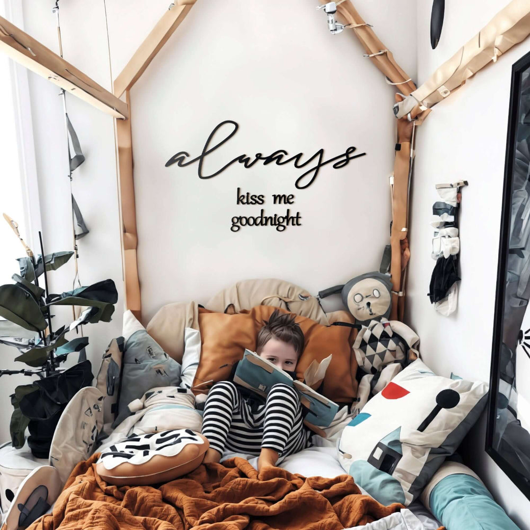 Matte black modern industrial metal wall art reading ‘Always Kiss Me Goodnight’ — four 2 mm thick steel pieces with easy no‑drill adhesive strips, customizable layout for romantic bedroom or indoor/outdoor décor