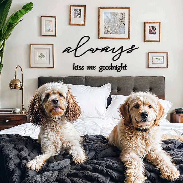 Matte black modern industrial metal wall art reading ‘Always Kiss Me Goodnight’ — four 2 mm thick steel pieces with easy no‑drill adhesive strips, customizable layout for romantic bedroom or indoor/outdoor décor