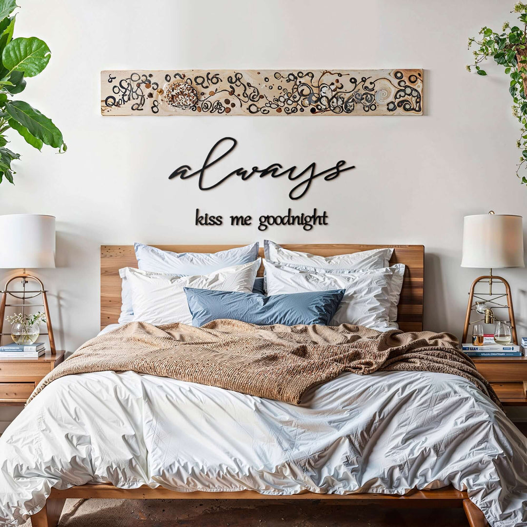 Matte black modern industrial metal wall art reading ‘Always Kiss Me Goodnight’ — four 2 mm thick steel pieces with easy no‑drill adhesive strips, customizable layout for romantic bedroom or indoor/outdoor décor