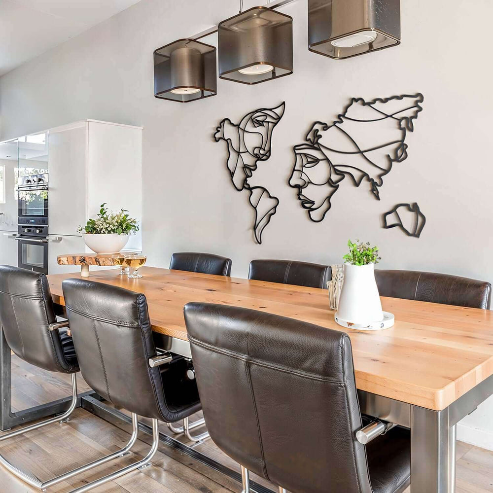 Modern industrial-style Faces of World Map metal wall art in matte black – 2 mm thick steel design, available in two sizes, wall-mounted indoor/outdoor decor
